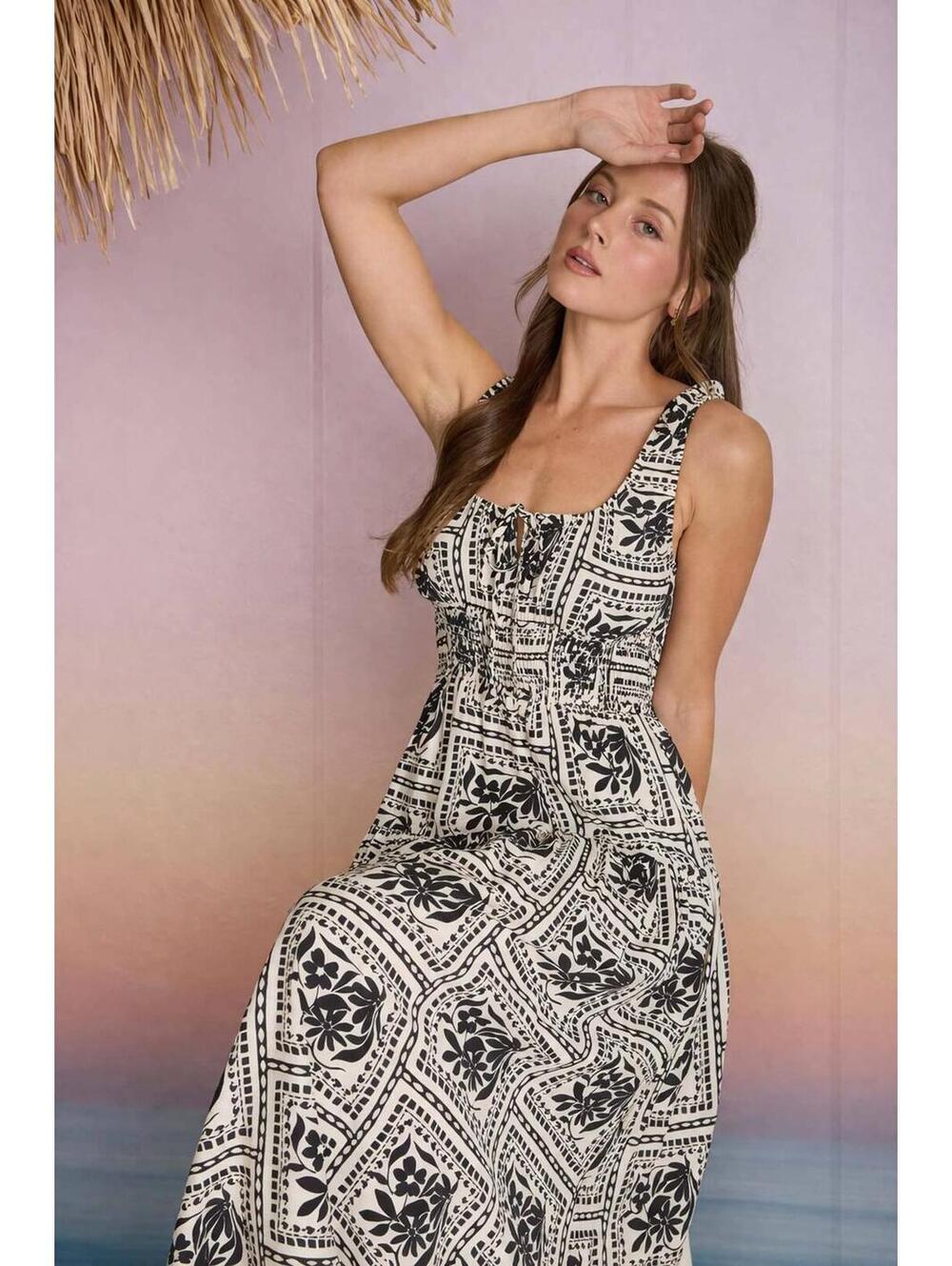 Blu Pepper, Black & Ivory Floral Tile Print Midi Dress Size S